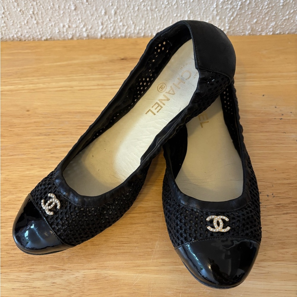 Chanel Black Mesh Flats with Pearl Logo
